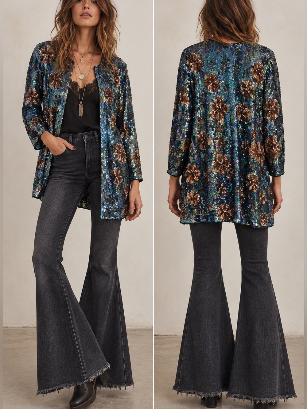 VINTAGE SISTERMAX 100% Silk Iridescent Sequin Floral Jacket Beaded Kimono